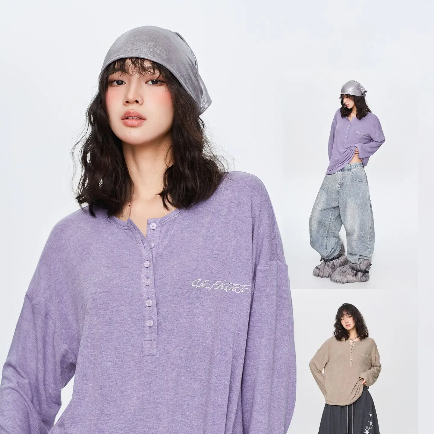 

2026 New Minimalist Henry Neck Long Sleeve Tops Lazy Street Style Loose Casual Hip Hop Dance Fashion Blouse