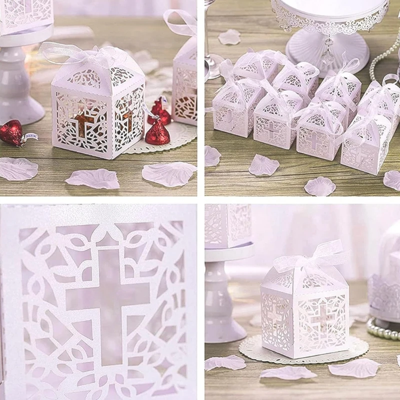 Cajas recuerdos con diseños cruces huecas blancas, cajas dulces con cruces blancas con cintas para golosinas boda y