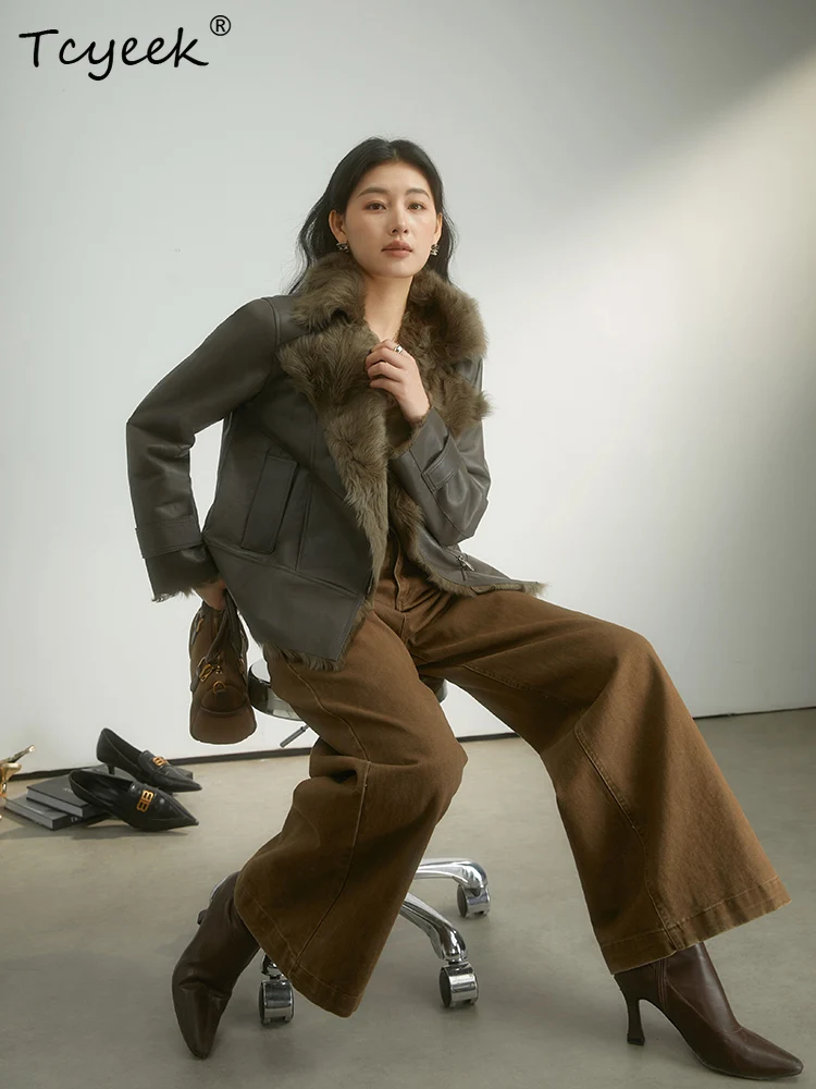 Tcyeek Prawdziwa Wełna Jesień Zima Elegancki Modny Jednolity Kolor Płaszcz Damski Średniej Długości z Wełny Jagnięcej Futro Shearling Fourrures Femme