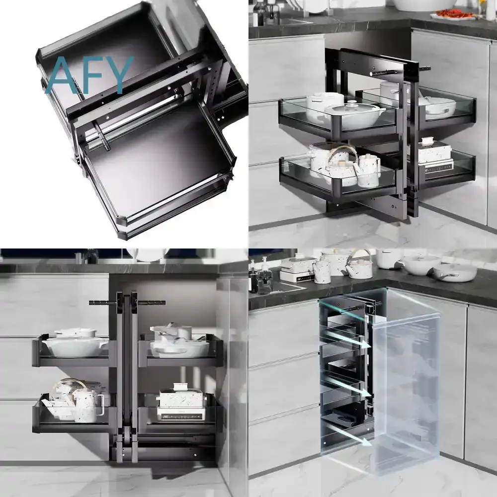 Corner Pull Basket for Kitchen Corner Rotation Organizer Space Aluminum Little Monster All Pull Out Linkage Storage Rack for