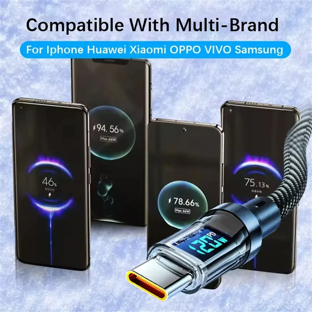 كابل بيانات 120 وات USB إلى Type-C شحن سريع سلك بيانات شاشة رقمية لهاتف iPhone وسامسونج وشاومي وهواوي وسلك شحن سريع للهاتف