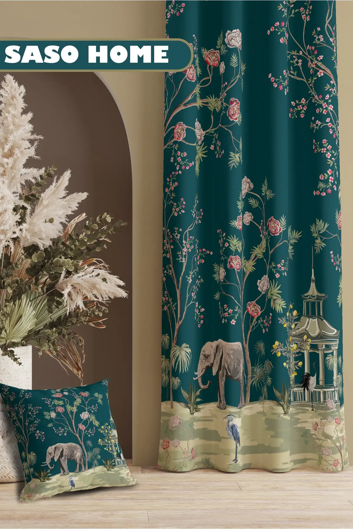 Curtain Turquoise Elephant And Roses Patterned 140 X 270 Cm Digital Printed Background  Single Sash