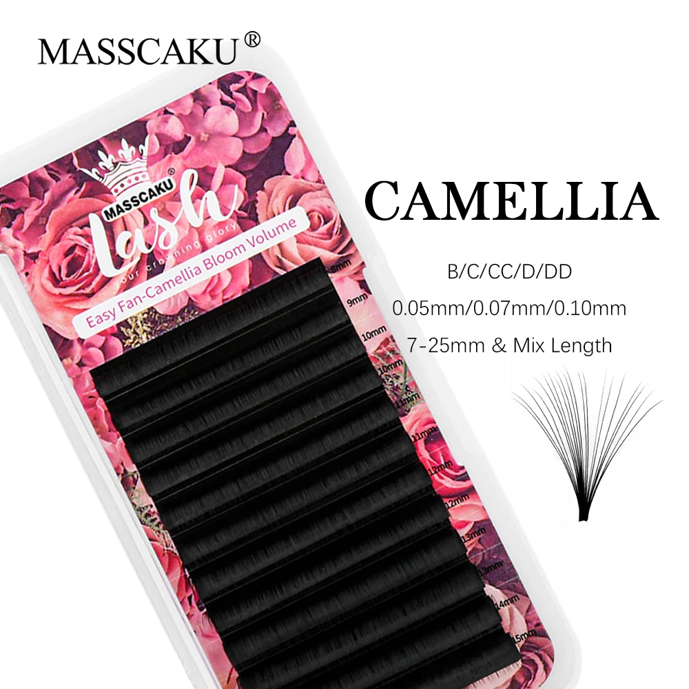 MASSCAKU New Arrival Auto Fans Camellia Individual Lashes Extensions C CC D DD Curl 8-20mm Single/Mixed Length Eyelashes Supply