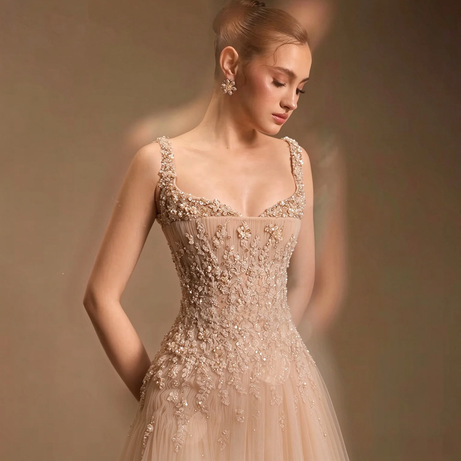 Couture Dress Store 2026 Customized Luxury Nude Spaghetti Strap Beaded A line Evening Dress Elegant Gown for Formal Occasion