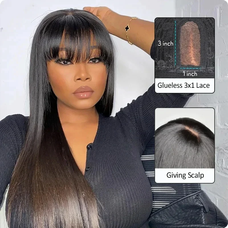 Glueless Wig With Bangs Human Hair 3x1 HD Lace Straight Human Hair Wigs For Woman Brazilian Cheap Wigs Full Machine Made On Sale image 2