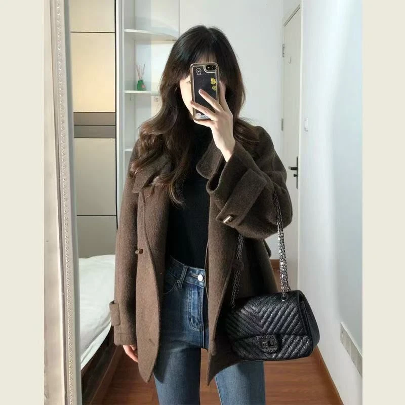 Vintage Faux Woolen Coats Women Fall Winter Casual Warm Toggle Button Jacket Office Lady Cinched Waist Strap Retro Loose Outwear