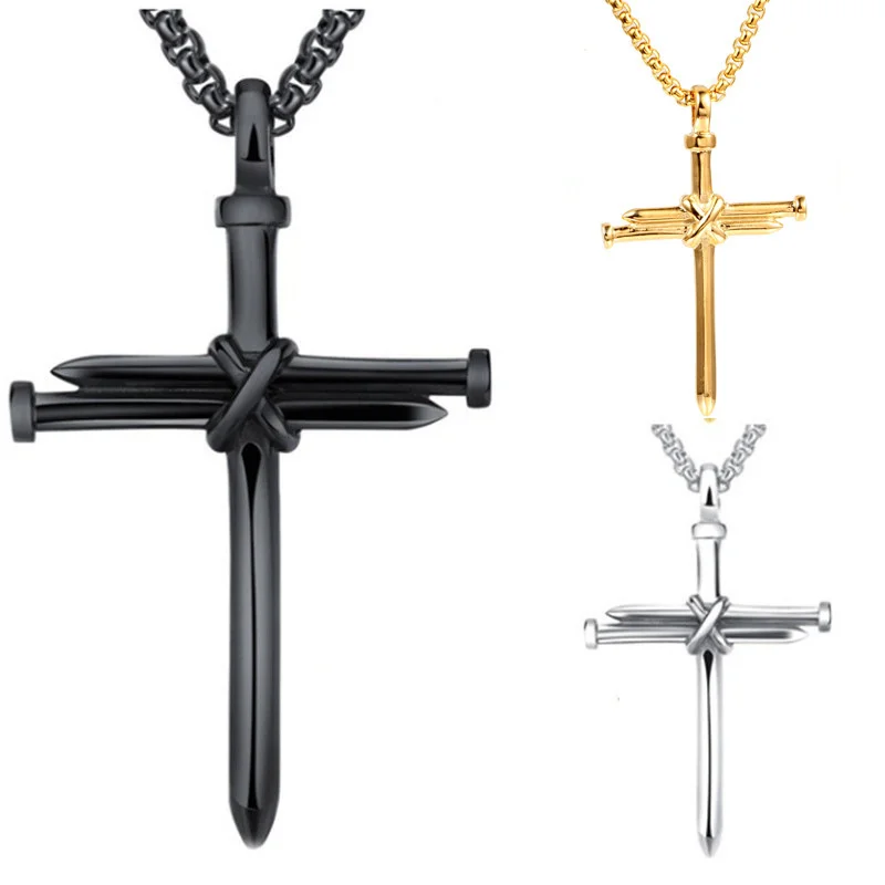 Vintage Gothic Nail Cross Pendant Necklace for Women and Men Angel's Wings Crystal Kindness Choker Necklace Party Jewelry Gifts