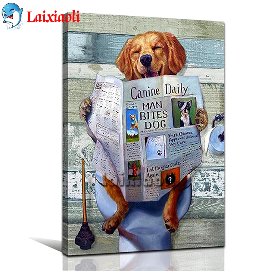 Cute dog reading newspaper on the toilet 5D Diamond Painting Mosaic Diamond Embroidery Full Drill Cross Stitch Kits Home Decor