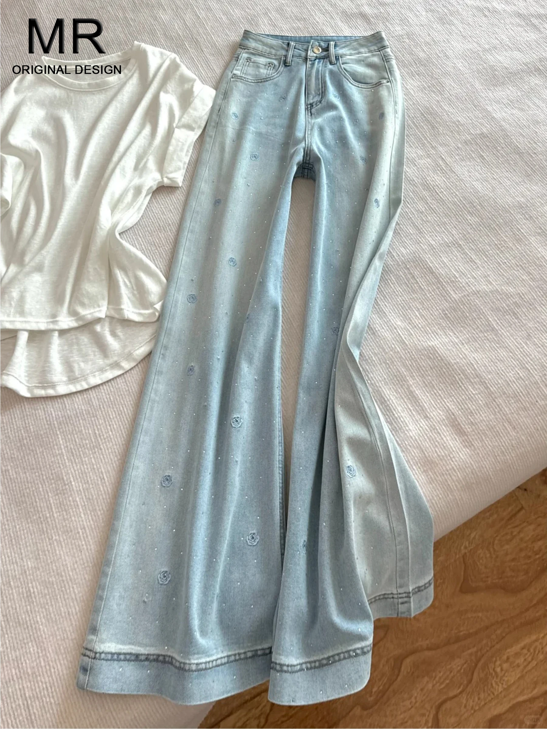 

American Design Wide Leg Straight Cut Jeans Women's Ice Blue Summer Trendy Loose Slimming Jeans High Waist Casual Cotton Blend