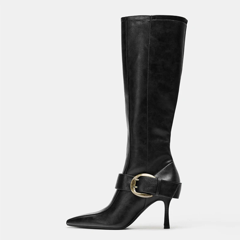 Liyke Vintage Brown PU Leather Belt Buckle Zipper Women Knee High Boots Autumn Winter Elegant Thin High Heels Chelsea Long Shoes image 2