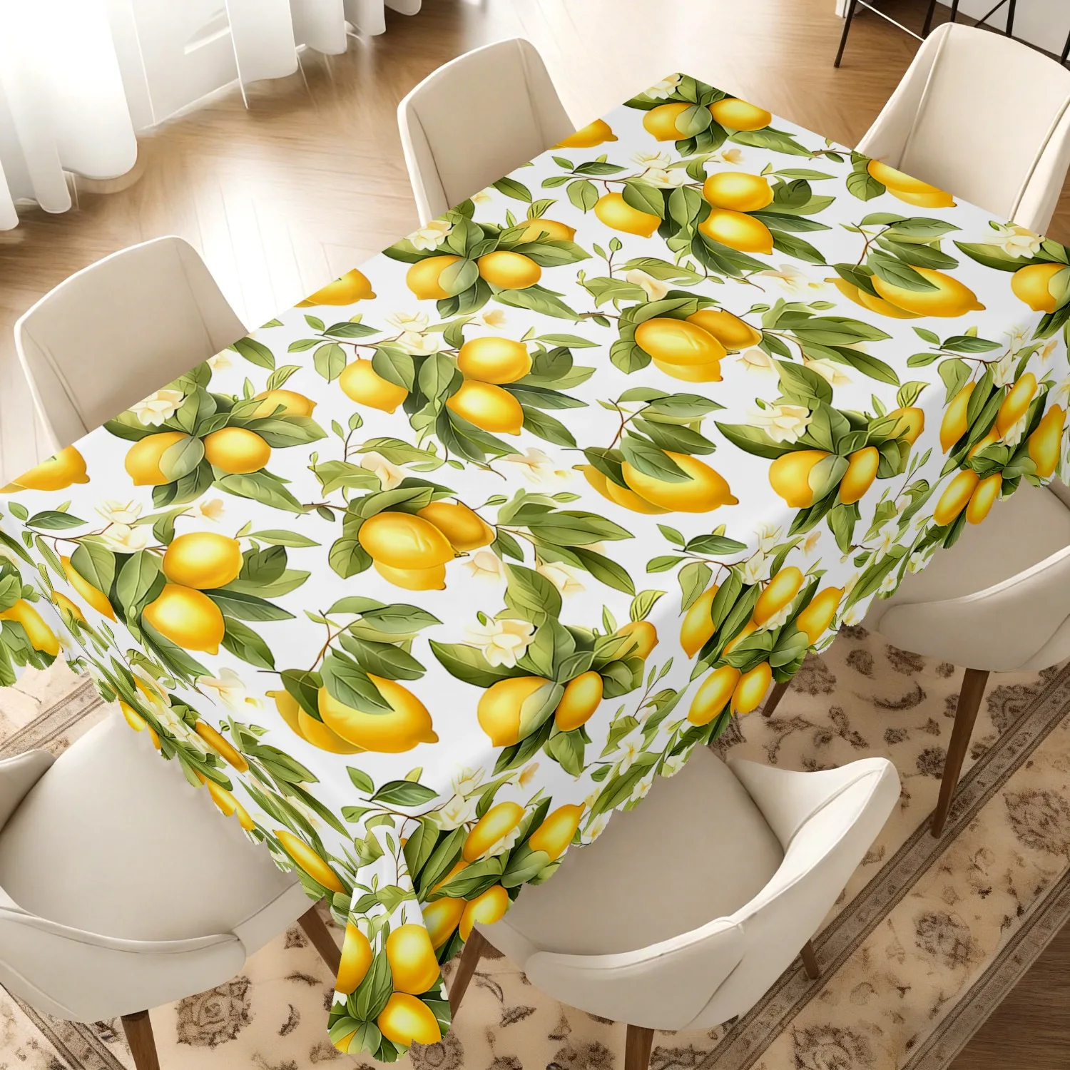 1pc, Natural Style Lemon-Themed Tablecloth, Yellow-Green Lemon And Green Leaves Printed Pattern Decorative Tablecloth, Fresh Pastoral Theme, Yellow-Green Design, Machine Washable, Material, Tablecloth for Kitchen, Picnic Use