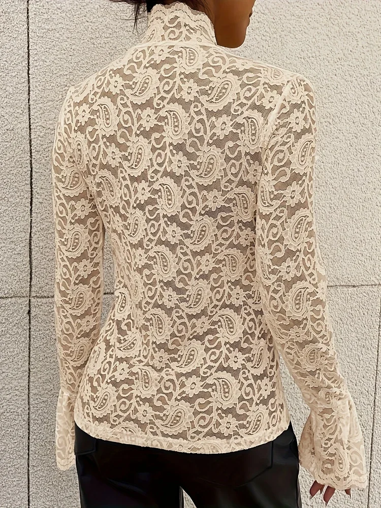 New Sexy Cashew Flower Lace Shirts for Women Slim and Thin Outer Wear Inside Horn Sleeve Top