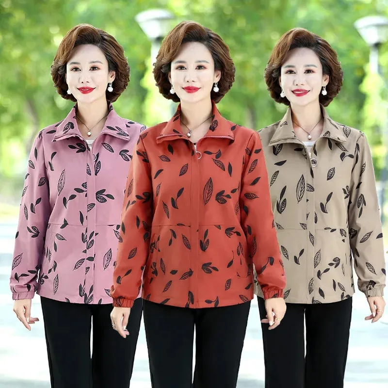 2024 New Spring Autumn Jacket Middle-Aged Elderly Women's Coat Tops Loose Leisure Printing Outerwear Work Clothes Female 5XL