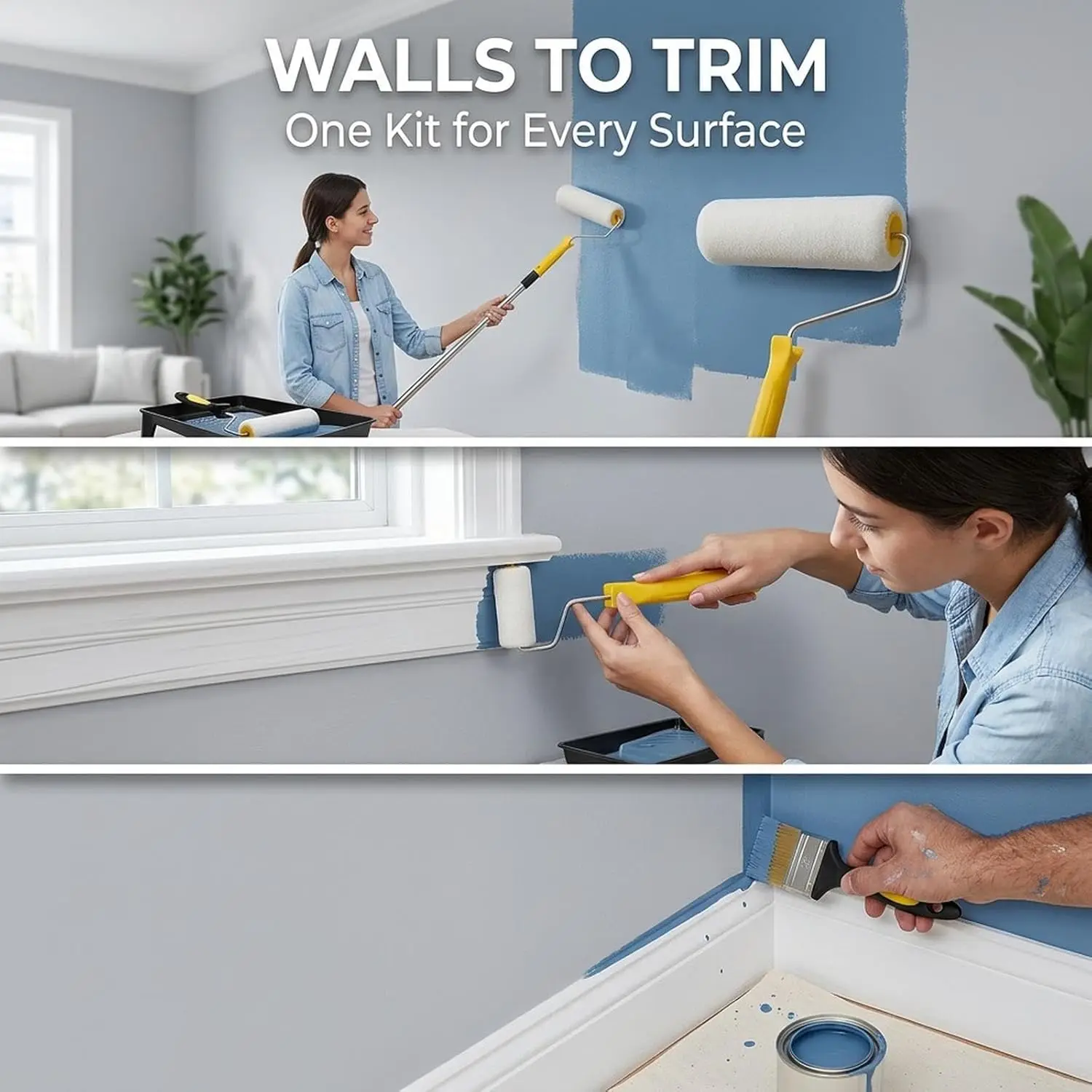GOOGO 13-Piece Paint Roller Set with 150cm Stainless Steel Pole Microfiber Rollers Tray Brush for Wall Painting Kit Yellow view 2