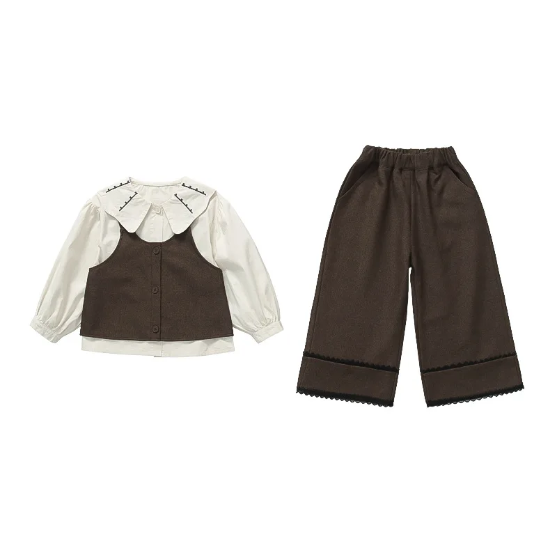 ชุดเสื้อกั๊กเด็กผู้หญิง ชุดฤดูใบไม้ร่วง 2025 ใหม่ทันสมัยและแฟชั่น เสื้อคอปกปีเตอร์แพนสำหรับเด็กผู้หญิง ชุดสามชิ้นหวานๆ สำหรับฤดูใบไม้ร่วง