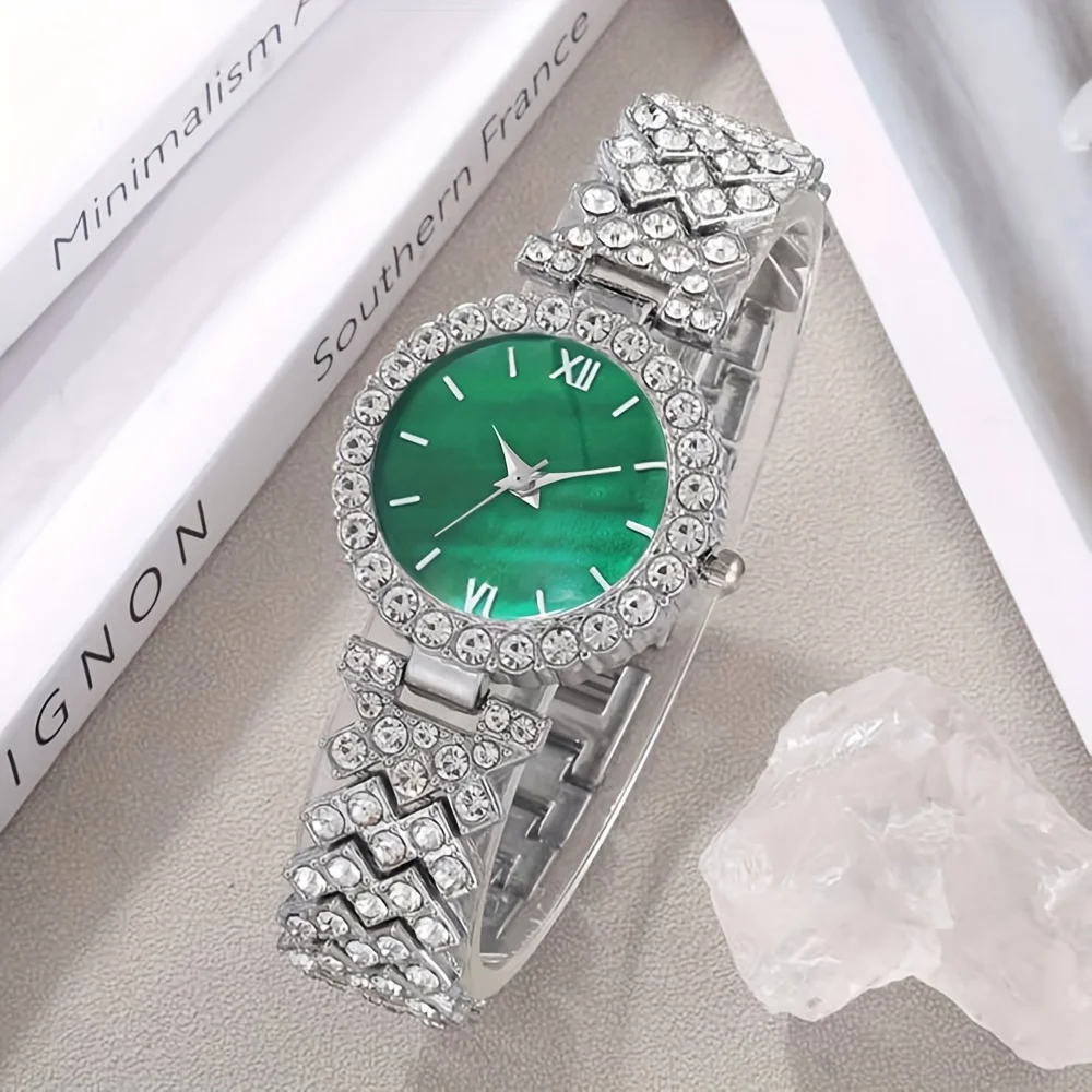 Dameshorloge Grafisch Rome Mode Quartz Horloge Sprankelend Strass Analoog Polshorloge En 6 Stuks Sieraden Set, Cadeau Voor Mama Haar