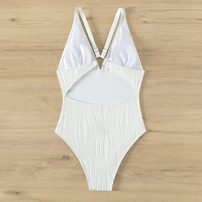 Sexy White Backless Ribbed Swimwear Women One Piece Swimsuit 2024 New Back Cross Bandage Swimming Bathing Suit for Women Bather