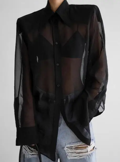 

Retro Sheer Loose Long Sleeved Shirt with A Single Breasted Collar and Loose Sheer Sexy Women's Long Sleeved Shirt Top