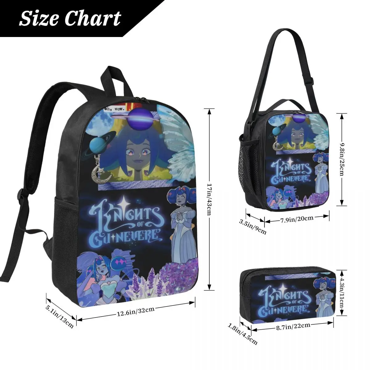 3Pcs K-Knights Of Guinevere Prints School bags Set Pencil Boxes Backpack Sets with Lunch Box For School Students Daypack