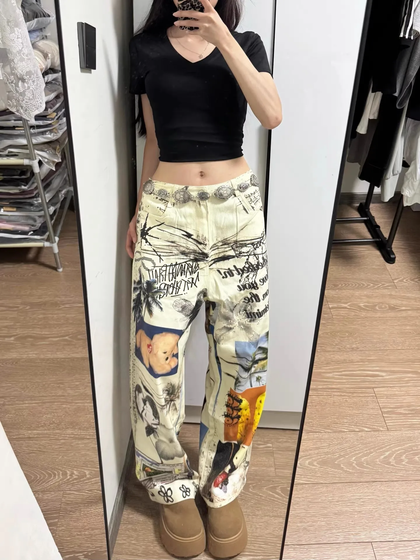 

Cleanfit Cartoon fiti Waed Denim Jeans Straight Leg High Street Design ex Autumn Faion Youthful Casual Jeans