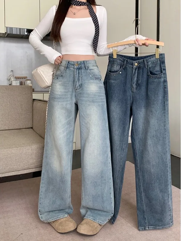 

plus Size Women's Faionable Light Blue Denim Wide Leg Pants High Waist Loose Straight Cut Trousers Autumn New Sle Slimming