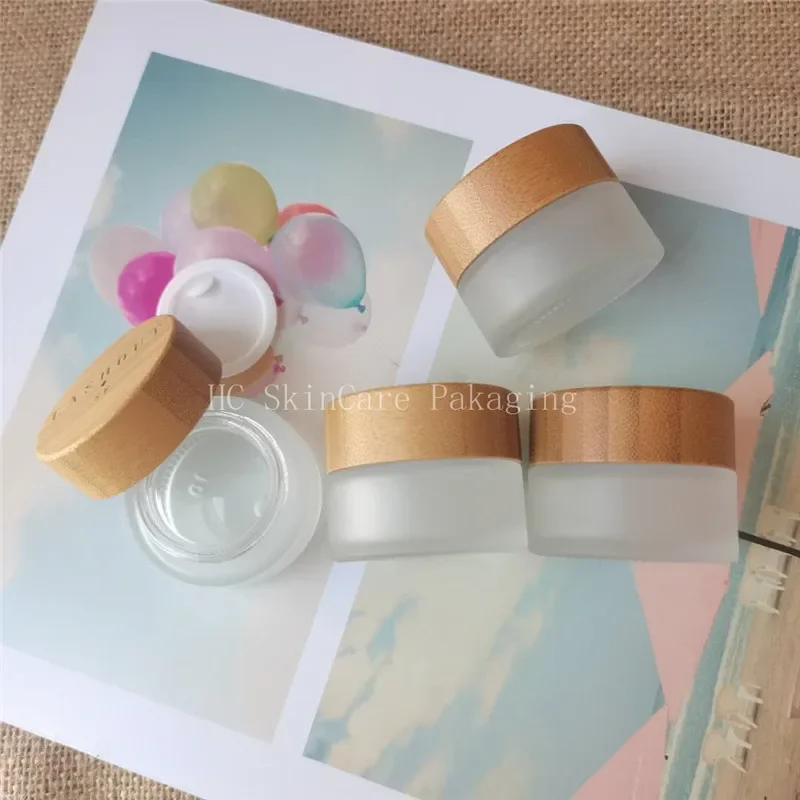 

China Factory Wholesale Skincare BB Cream Eye Cream Gel Luxury Clear Cosmetic Glass Bamboo Cream Jar Mini portable Container