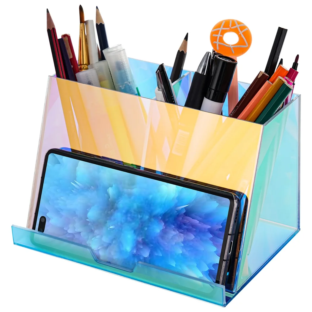 Acrylic Pen Holder Iridescent Desk Organizer Acrylic Storage Organizer With Two Compartments Built-In Phone Holder For Pencils