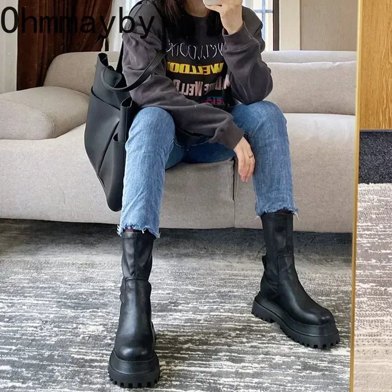 Botas largas de plataforma gruesa para mujer, botines hasta la rodilla con cremallera y punta redonda, a la moda, invierno, 2024