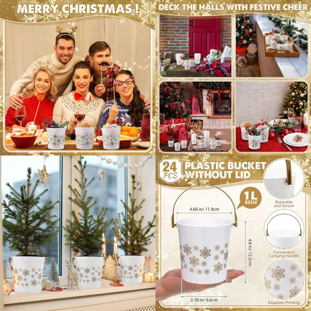 

Christmas Gold Snowflake Plastic Buckets, 24 Pack, 4.69x3.78x4.8 Inches, Cute Holiday Candy Pails for Winter Party Favors