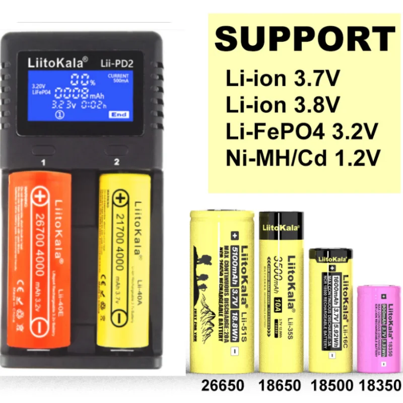 Liitokala Lii-202 Lii-PD2 18650 21700 AA AAA Battery Charger,18650 26650 10440 14500 16340 NiMH Smart Charger Capacity tester