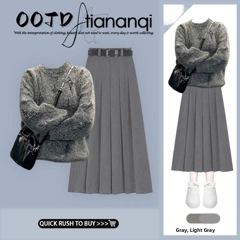 

ay Knitted Sweater High Waist Pleated Skirt Set Women's Autumn Winter Lazy Soft Faion Ensemble round Ne Long Sve