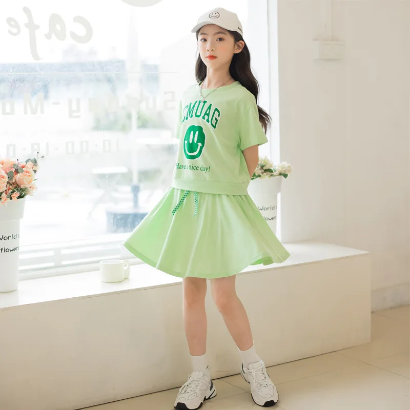 Korean Summer Junior Girl 2PCS Clothes Set School Girl Smile Face Printed Shirt+Drawstring Pleated Skirt Set For Girls 4-12Yrs