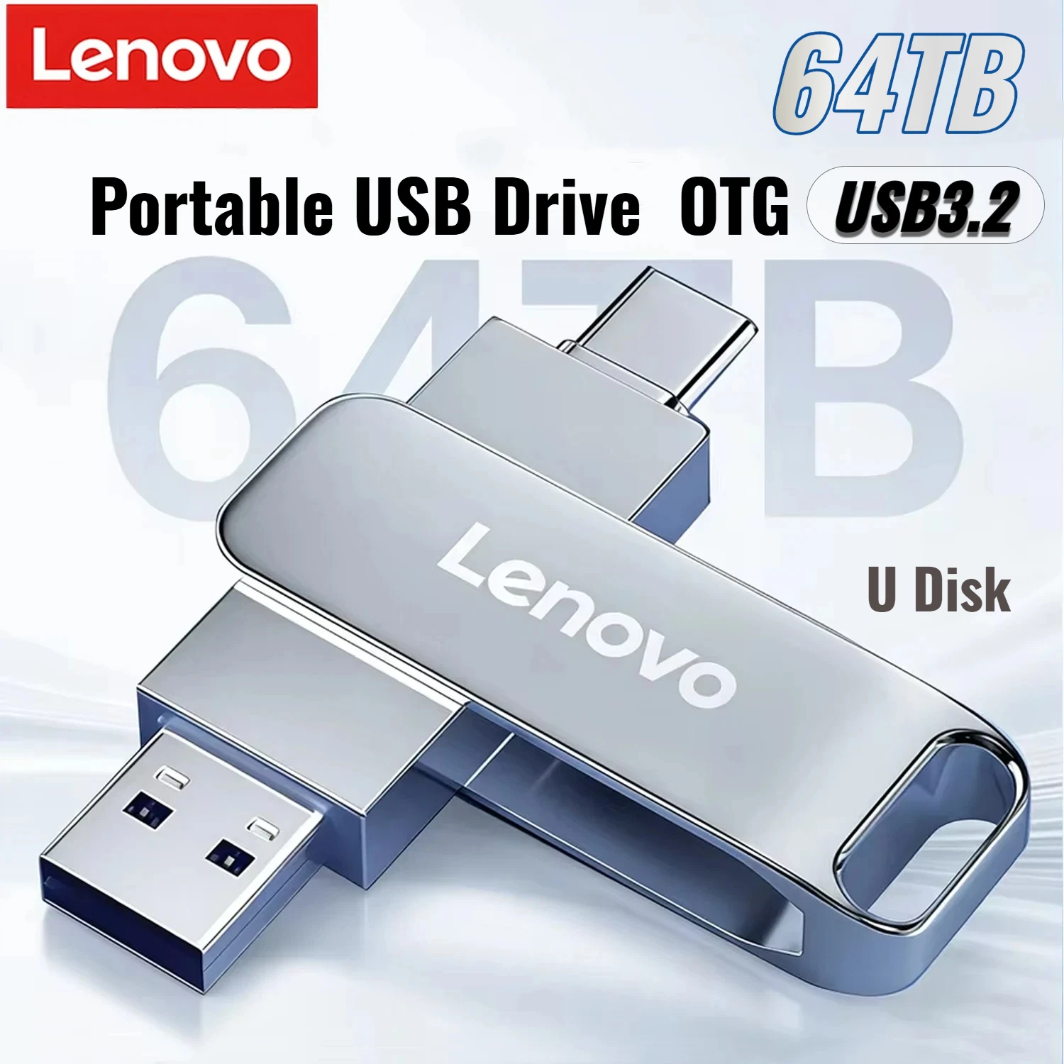 Clé USB 3.2 OTG Lenovo haute vitesse, type C, capacité réelle 64 To, 16 To, 8 To, 4 To, en métal, pour téléphone et ordinateur