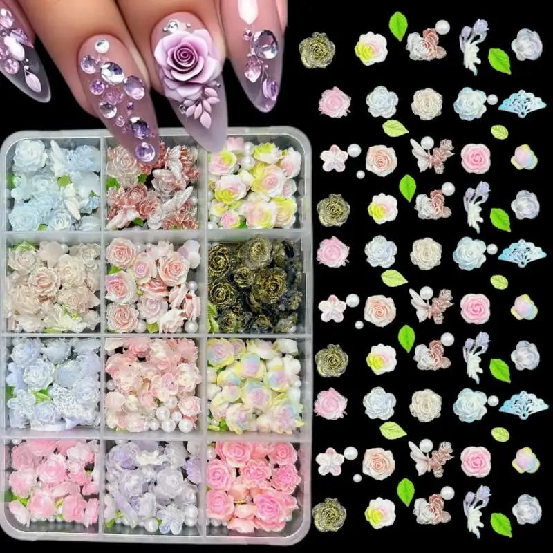 1Box Colorful Peony Camellia Flower Mixed Nail Charms Multiple Styles Flowers Series Fresh Summer Nail Art Decoration DIY Nails