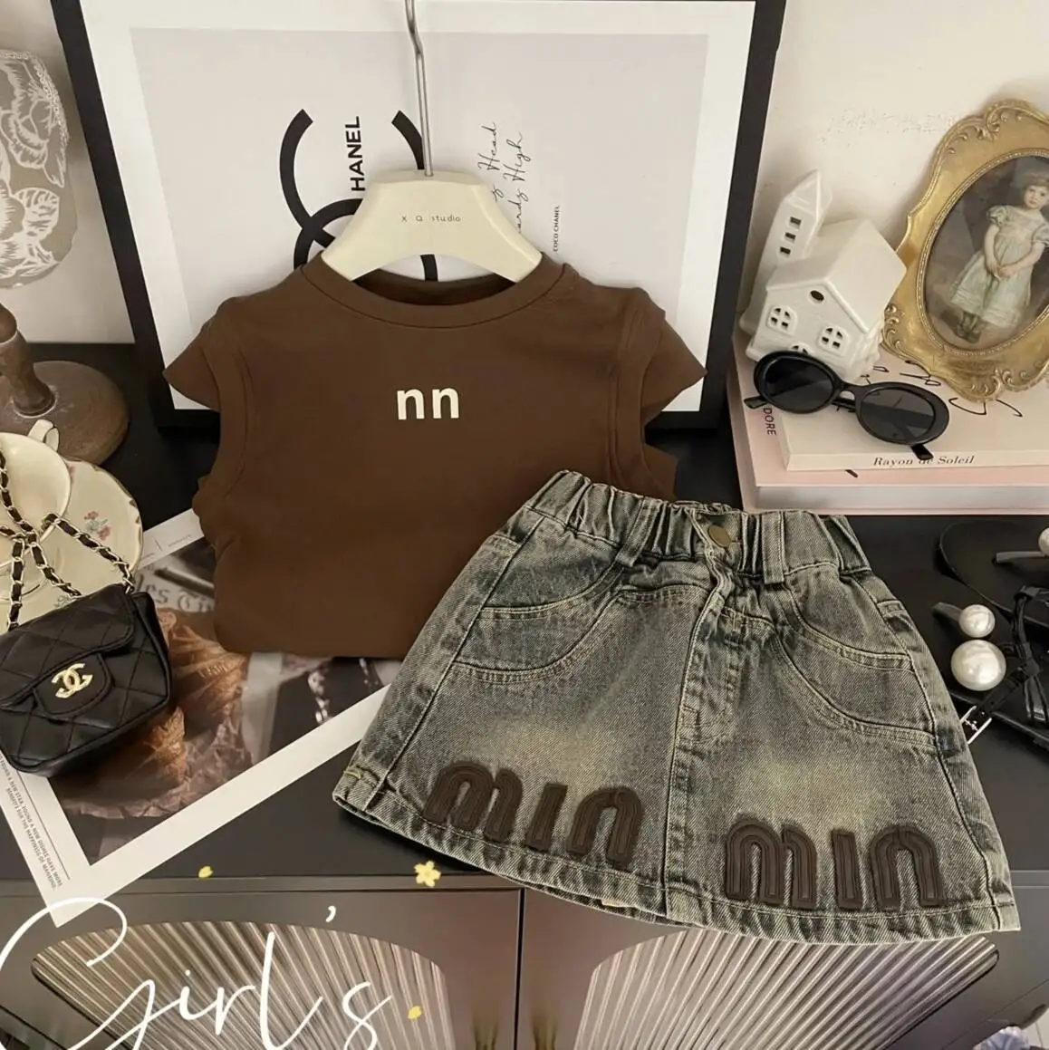 

Girl's Sets Children Kids Infants Baby Summer Letter Vest +Denim Skirt 2Pcs Suit