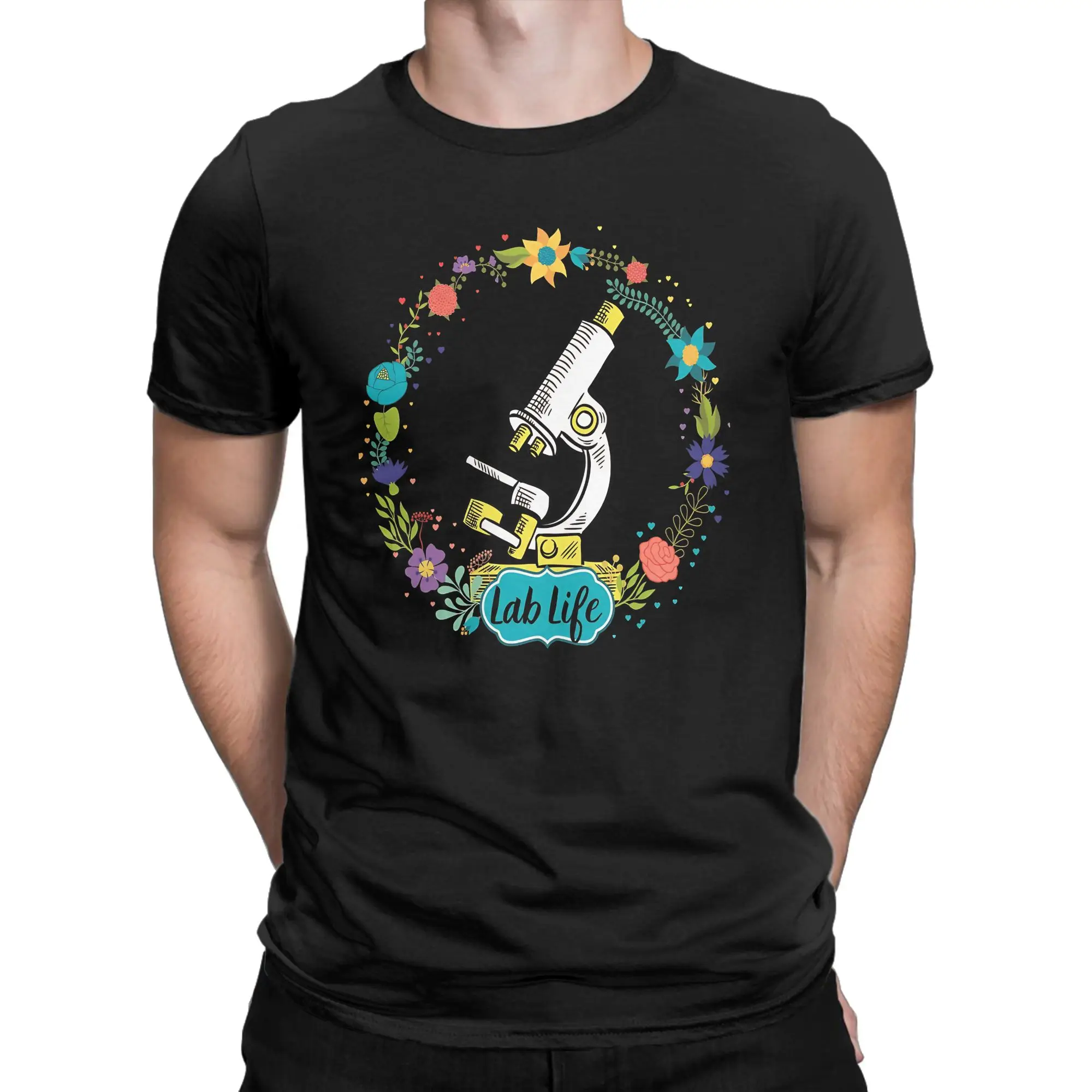 T-shirt 100% coton à motif graphique original : MICROSCOPE, FLEURS RÉTRO, SCIENTISTE MÉDICAL. Idéal pour la Semaine du Laboratoire. Hauts et t-shirts pour hommes.