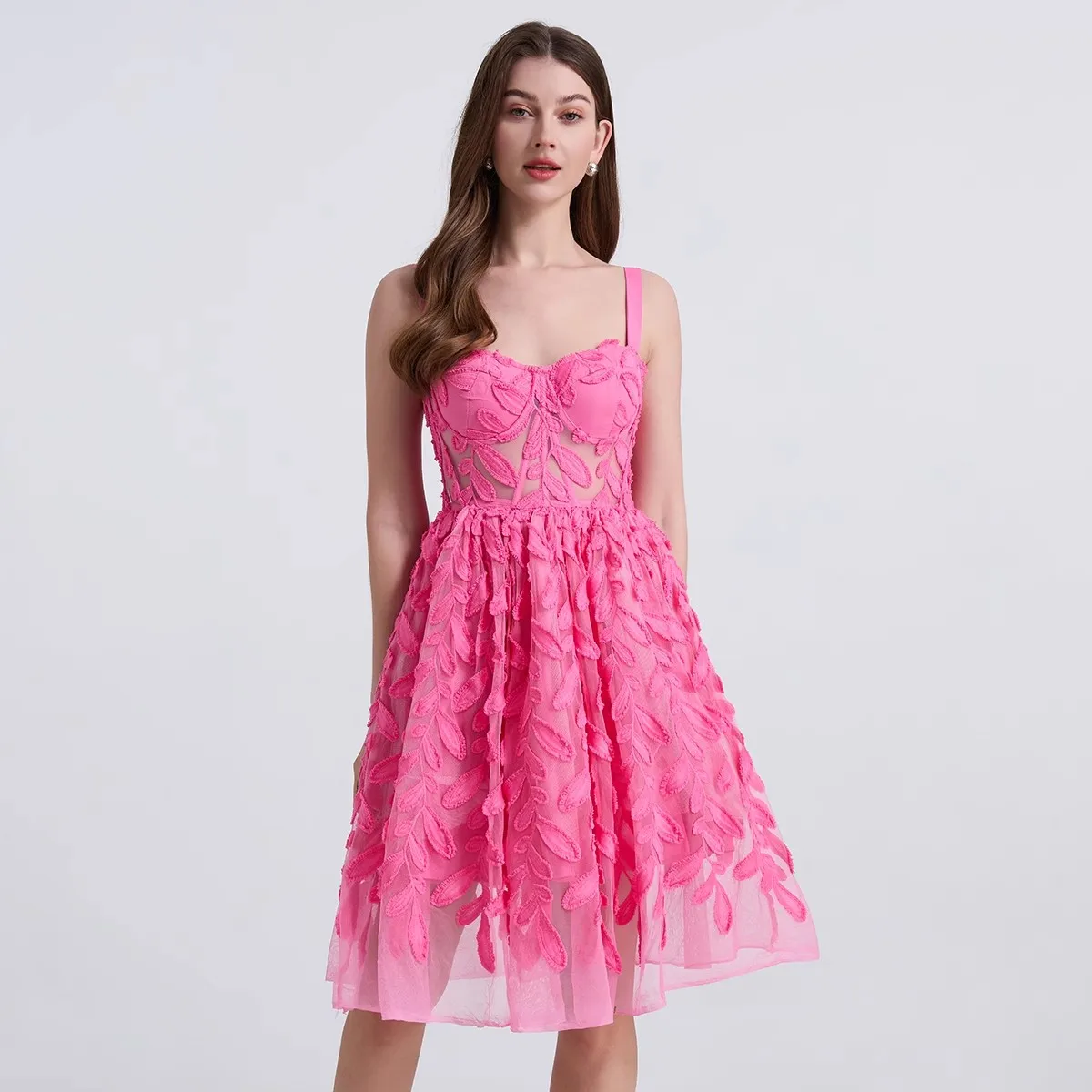 

Runway Luxury Embroidered Lace Mesh Slim Midi Dresses For Women's Summer Suspender Strapless A-line Party Dress Vestidos