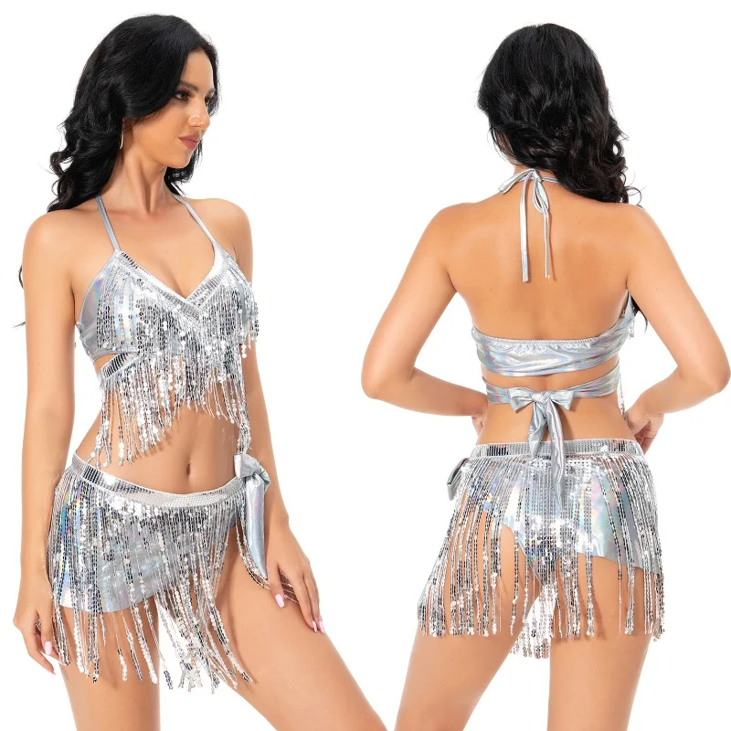 

Sexy Women Latin Dancewear Set Silver Color Crop Top with Hip Scarf Bottoms Tassel Stage Performance Costume