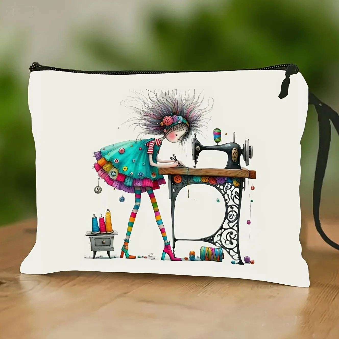 

Whimsical Creative Cartoon-Style Makeup Bag let Toiletry Pouch Coin Purse Pencil Case - Girl Working at a Sewing Machine