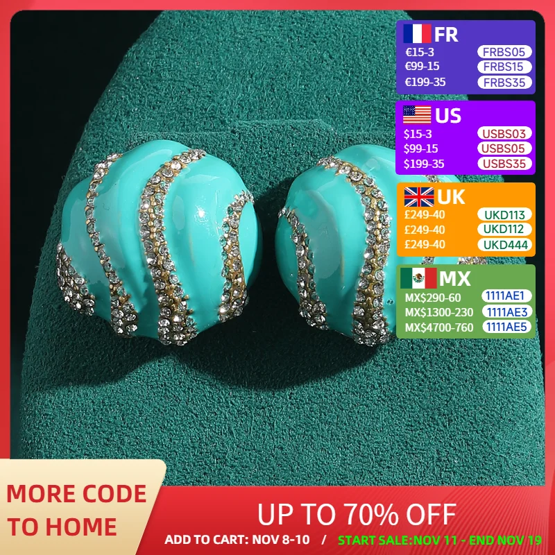 

Vintage Enamel Shell Blue Earrings Studs Rhinestones Jewelry Round Gold Color Luxury Designer Antique Woman Accessories