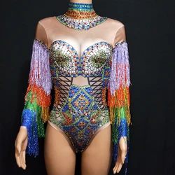 2024 Colorful Rhinestones Fringes Leotard Costume Women's Birthday Prom Celebrate Outfit Bar Evening Women Dancer Bodysuit