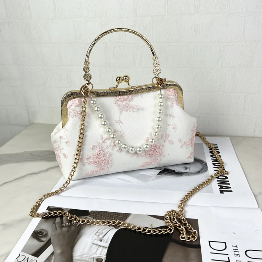 Vintage Lace Embroidery Women Purse Handbag Shell Metal Clip Clutch Pearl Chains Ladies Small Shoulder Crossbody Bag Sacs a main