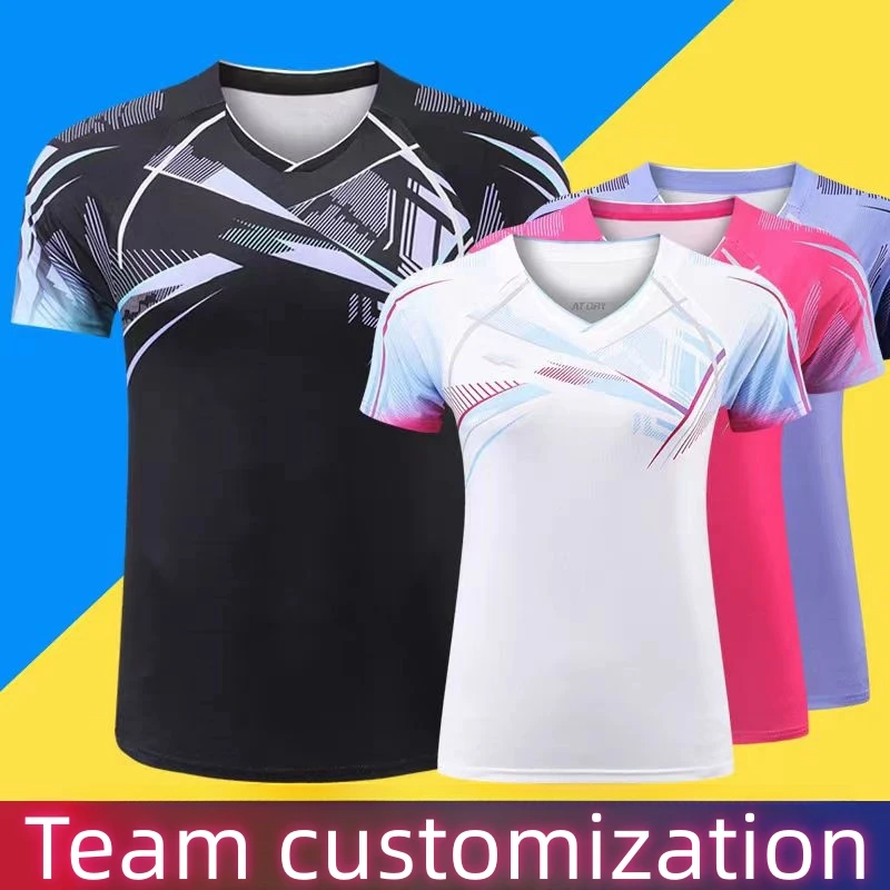 

Customized men's and women's badminton T-shirt quick drying breathable table tennis T-shirt light V-neck team custom pattern