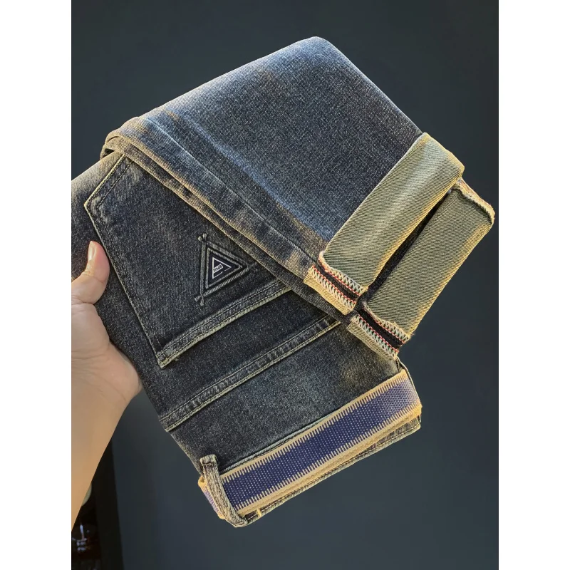 

Тенденция синих джинсов, новинка 2029, осень и зима, элитная мужская одежда на маленькой ножке, толстая модная эластичная одежда