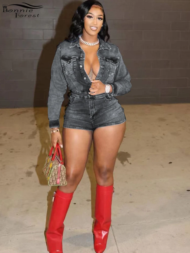 Bonnie Forest High Street Button-Up Plunging Denim Romper Fashion Long Sleeve Pockets Details Jean Jumpsuits Night Club Overalls