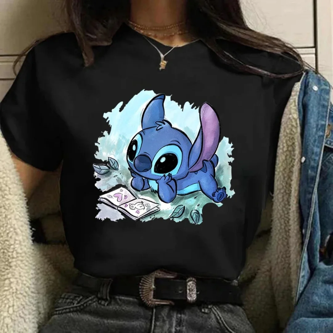 Womens Beach Style Tshirt Lilo And Stitch Theme Print Summer Casual Top Ladies Clothing For Daily Comfortable Wear