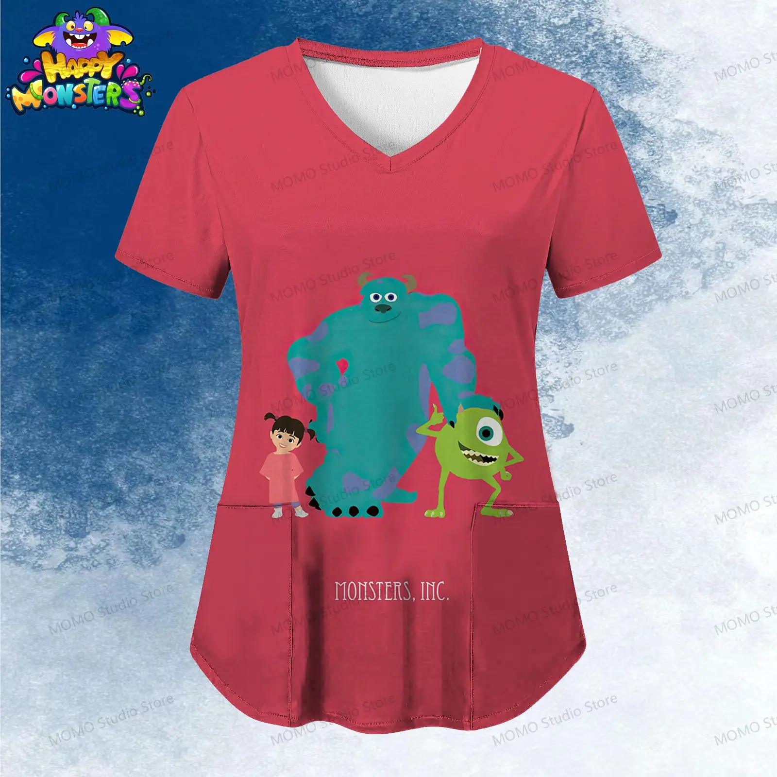 Disney Monsters Inc. Women's V Neck Nurse Uniform T-Shirt Pocket Summer Short Sleeve Leisure Street Wear 2024 Kawaii S-2XL Y2k