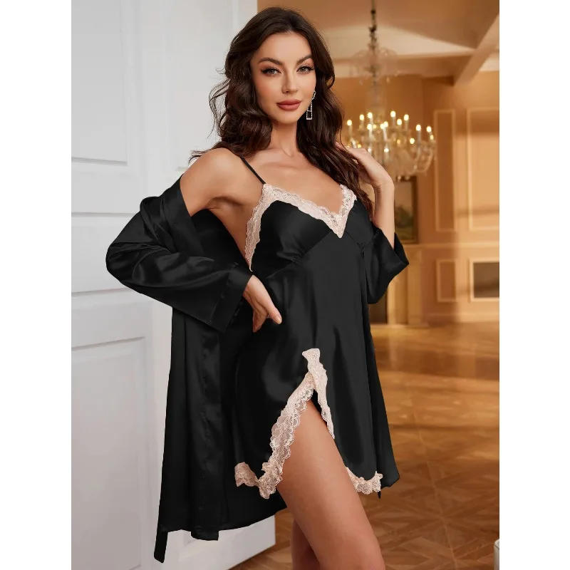Women's Satin Lace Trimmed Pajama Set Sexy Cozy Two Piece Pajama Set Home Wear For Fall/Winter