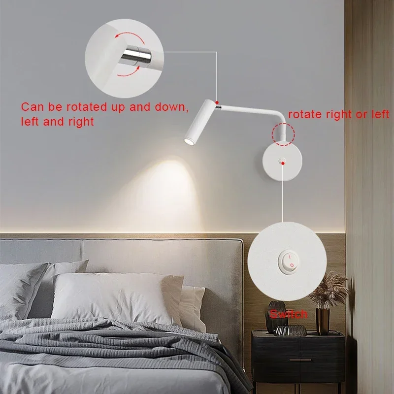 Imagem -05 - Led Sconce Lâmpada de Parede com Interruptor Reading Spotlight Quarto Cabeceira Corredor Corredor Interior Iluminação Decoração Ajustável