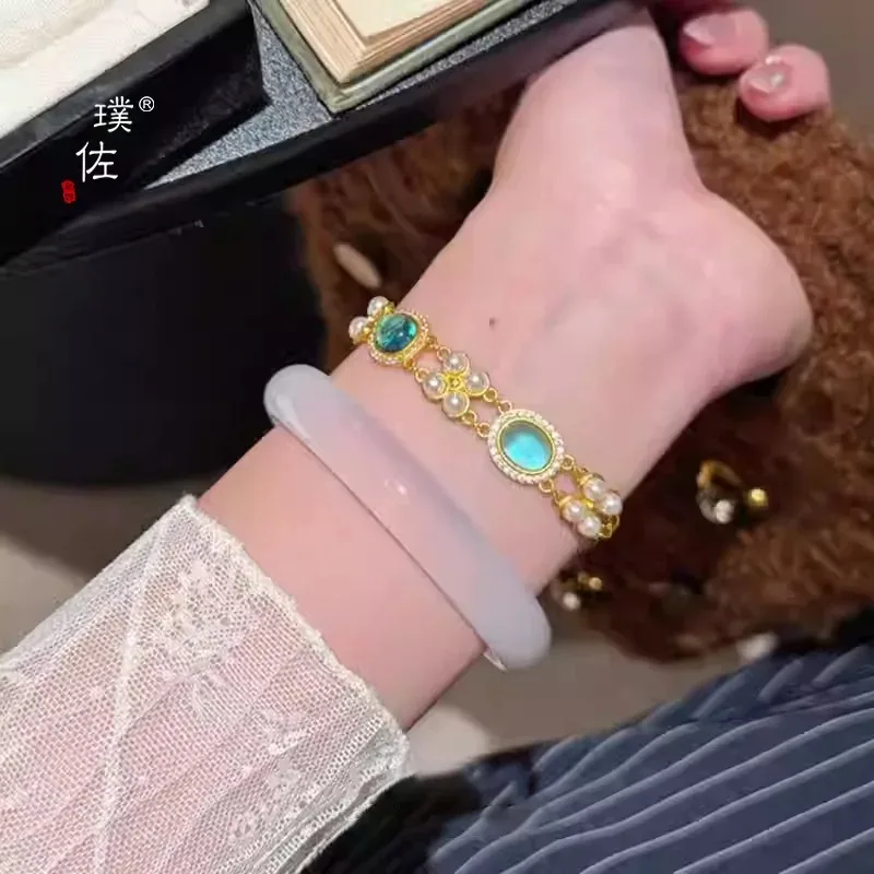 Pryna Jewelry   9999 24K real gold Double-layer Pearl Traditional Chinese style court bracelet for women with a light luxury tem